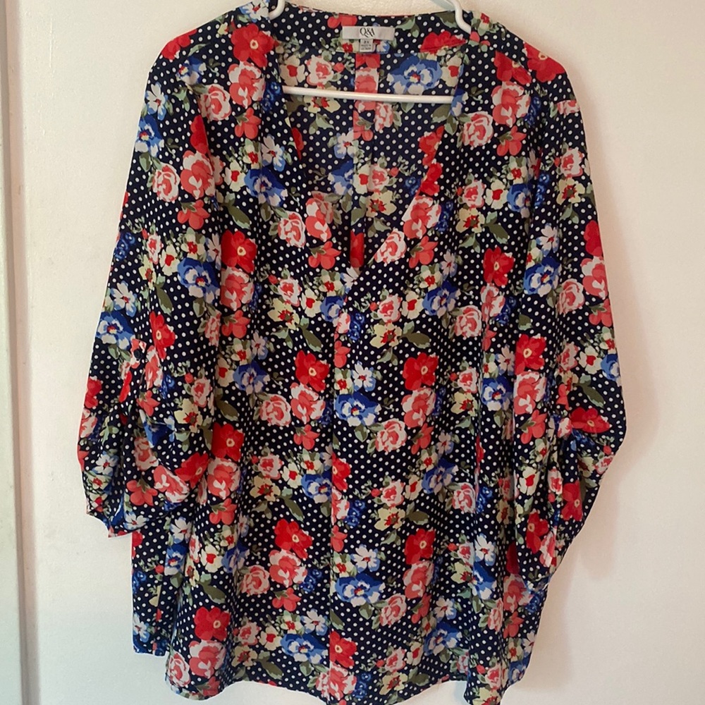 navy polka dot plus 3x blouse with pink and blue flowers. Beautiful!